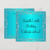 25e Verjaardag Turquoise & Zilveren Bloemen Metaal Kaart (Voorkant / Achterkant)
