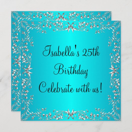 25e Verjaardag Turquoise & Zilveren Bloemen Metaal Kaart (Voorkant / Achterkant)