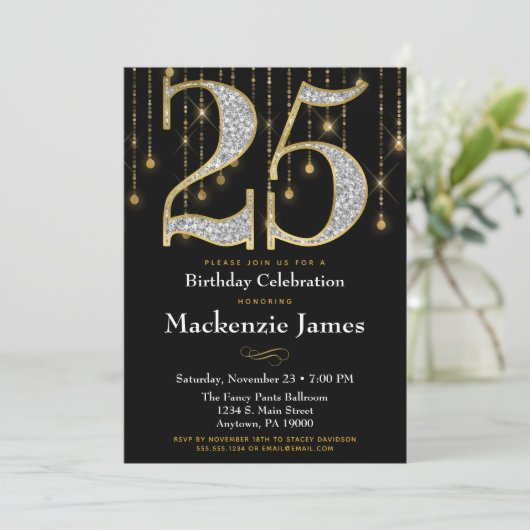 25e verjaardag Uitnodiging Black Gold Diamonds Adu (Staand voorkant)