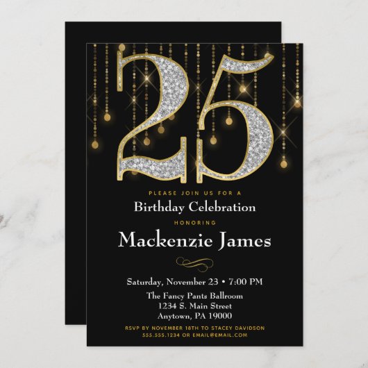 25e verjaardag Uitnodiging Black Gold Diamonds Adu (Voorkant / Achterkant)