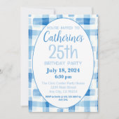 25e verjaardag uitnodiging, blauw Gingham patroon Kaart (Voorkant)