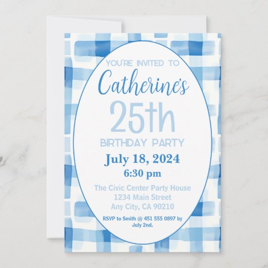 25e verjaardag uitnodiging, blauw Gingham patroon Kaart (Voorkant)