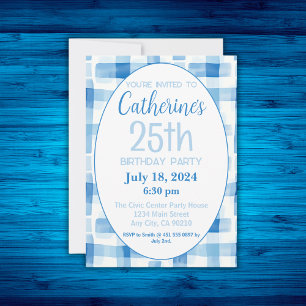 25e verjaardag uitnodiging, blauw Gingham patroon Kaart