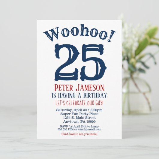 25e verjaardag uitnodiging Mannen marine Blue (Staand voorkant)