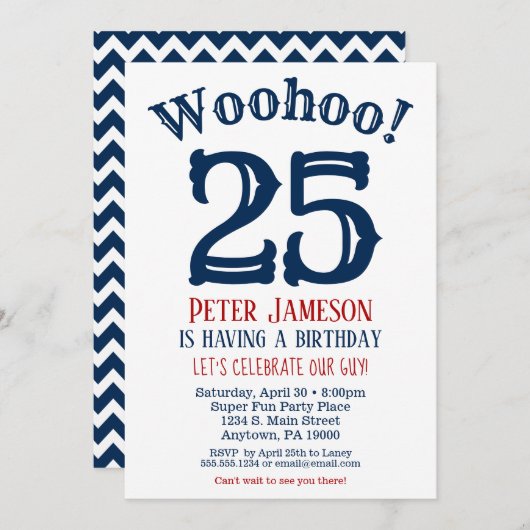 25e verjaardag uitnodiging Mannen marine Blue (Voorkant / Achterkant)