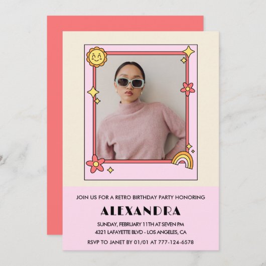 25e verjaardag uitnodiging Retro Groovy Pink Flowe (Voorkant / Achterkant)