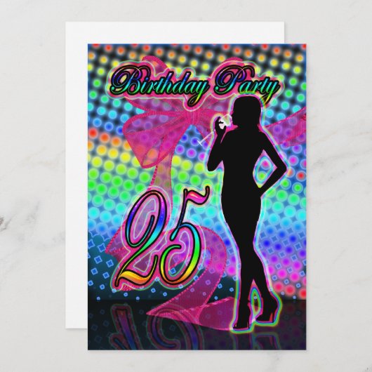 25e verjaardag uitnodiging van de partij, Neon met (Voorkant / Achterkant)