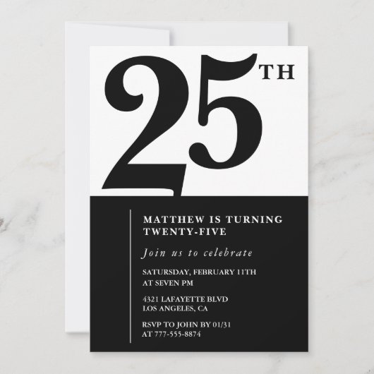 25e verjaardag uitnodigingen Black White Elegant (Voorkant)