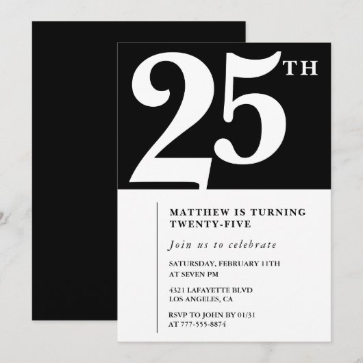 25e verjaardag uitnodigingen Black White Elegant (Voorkant / Achterkant)