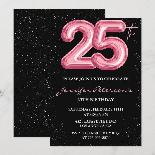 25e verjaardag uitnodigingen Pink Balloon Glam Bla (Voorkant / Achterkant)