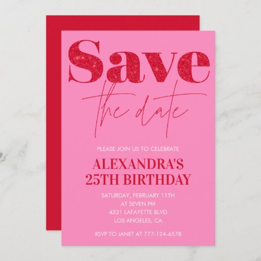 25e verjaardag uitnodigingen Save the date Pink Re (Voorkant / Achterkant)