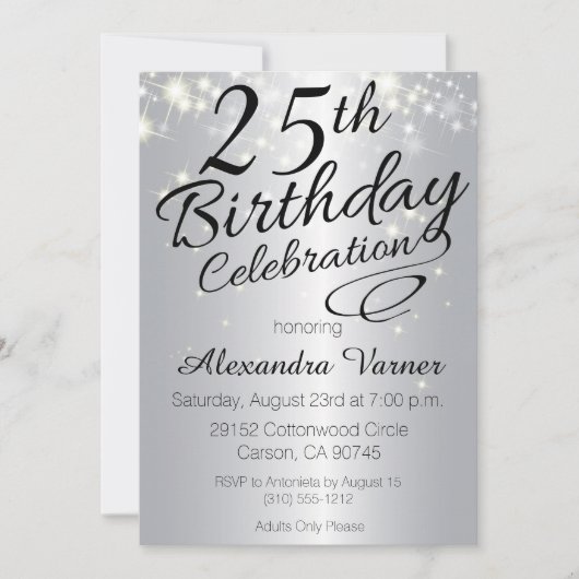 25e verjaardag Uitnodigingen - Silver Sparkly nodi (Voorkant)