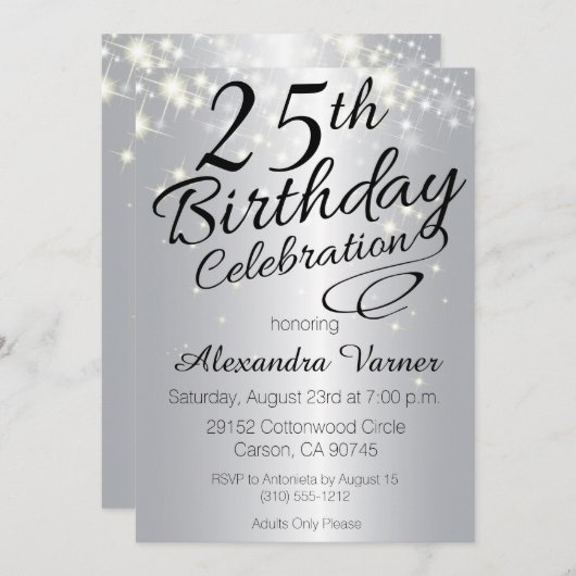 25e verjaardag Uitnodigingen - Silver Sparkly nodi (Voorkant / Achterkant)