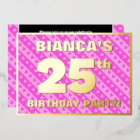 25e verjaardag van de opstand - vuurroze harten en folie uitnodiging (Voorkant / Achterkant)