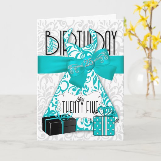 25e verjaardag voor haar Trendy Bling Turquoise Dr Kaart (Gele Bloem)