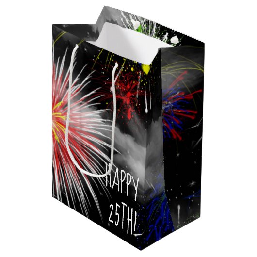 25e verjaardag vuurwerk in wolken middelgrote tas medium cadeauzakje (Voorkant Gekanteld)