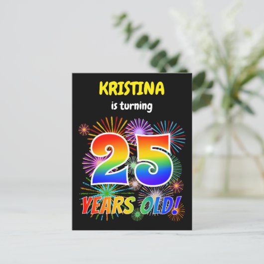 25e verjaardag - vuurwerk, regenboogblik "25" briefkaart (Staand voorkant)