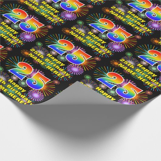 25e verjaardag: vuurwerk, regenboogblik # "25" cadeaupapier (Hoek)