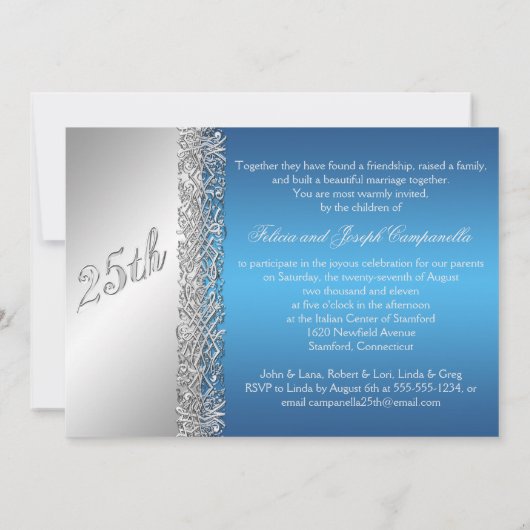 25e verjaardag Weelderig Zilveren Krullen met Blau Kaart (Achterkant)