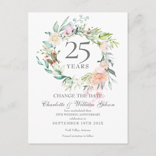 25e verjaardag Wijzig de datum bloemrozen Aankondigingskaart (Voorkant)