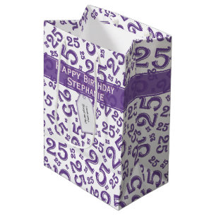 25e verjaardag Willekeurig cijferpatroon Paars/Wit Medium Cadeauzakje