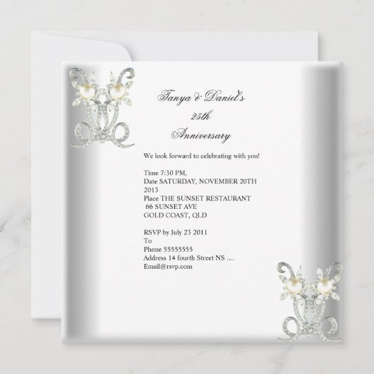 25e verjaardag Witte Zilveren Parel Jewel 2 Kaart (Achterkant)