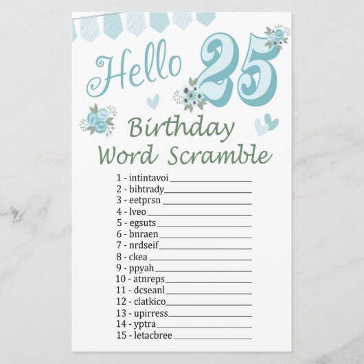 25e verjaardag Word Scramble Game (Voorkant)