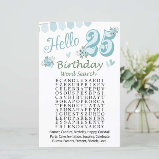 25e verjaardag Word Search Game (Staand voorkant)