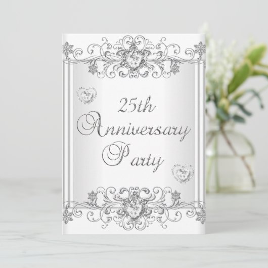 25e verjaardag Zilveren Witte Diamanten Harten 2 Kaart (Staand voorkant)