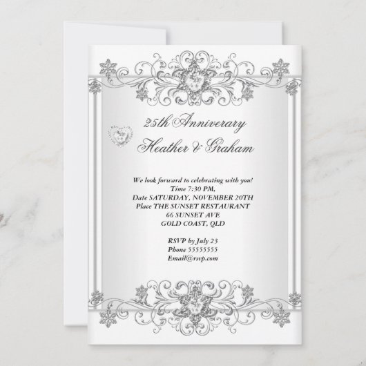 25e verjaardag Zilveren Witte Diamanten Harten 2 Kaart (Achterkant)