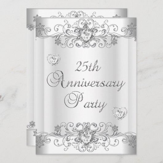 25e verjaardag Zilveren Witte Diamanten Harten Kaart (Voorkant / Achterkant)