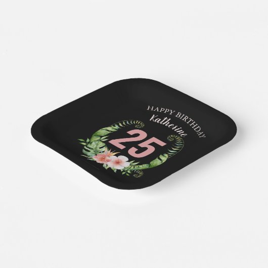 25e verjaardag zwart Bloemen scriptnaam Papieren Bordje (Gebogen)