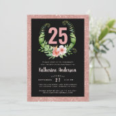 25e verjaardag zwart blush roze bloemenuitnodiging kaart (Staand voorkant)