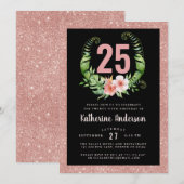 25e verjaardag zwart blush roze bloemenuitnodiging kaart (Voorkant / Achterkant)