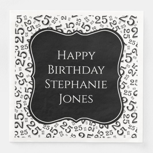 25e Verjaardag Zwart/Wit Bracket Nummer Patroon Servet (Voorkant)
