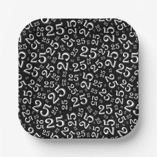 25e verjaardag zwart/wit Random Number Pattern Papieren Bordje (Voorkant)