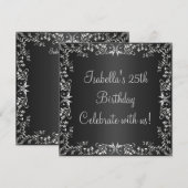 25e Verjaardag Zwart & Zilver Bloemen Metaal Kaart (Voorkant / Achterkant)