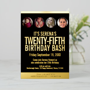 25e verjaardag zwarte en gouden fotocirkels folie uitnodiging