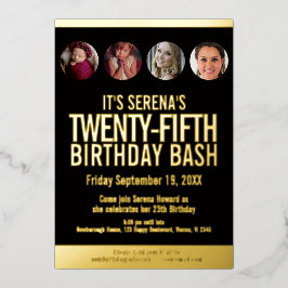 25e verjaardag zwarte en gouden fotocirkels folie uitnodiging