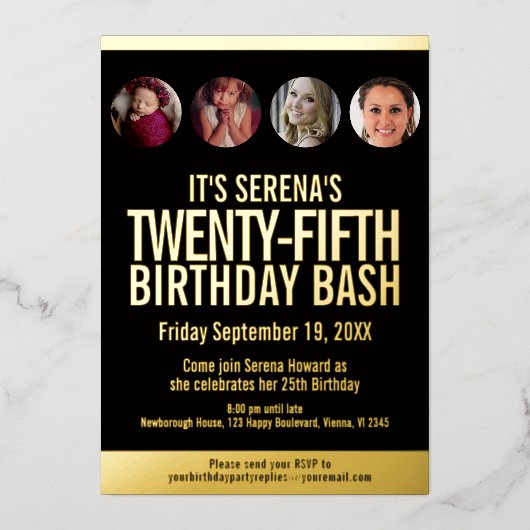 25e verjaardag zwarte en gouden fotocirkels folie uitnodiging (Voorkant)