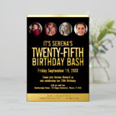 25e verjaardag zwarte en gouden fotocirkels folie uitnodiging (Staand Voorkant)