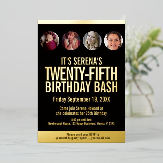 25e verjaardag zwarte en gouden fotocirkels folie uitnodiging (Staand Voorkant)