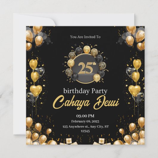 25e verjaardag zwarte zilveren elegante moderne kaart (Voorkant)