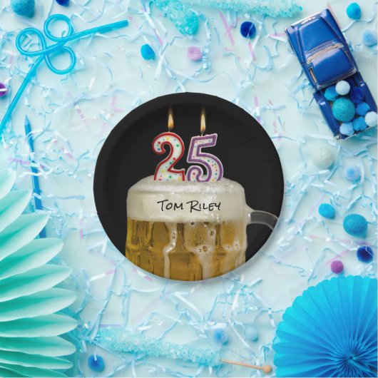 25e verjaardagsbier met kaarsen papieren bordje (Feest)