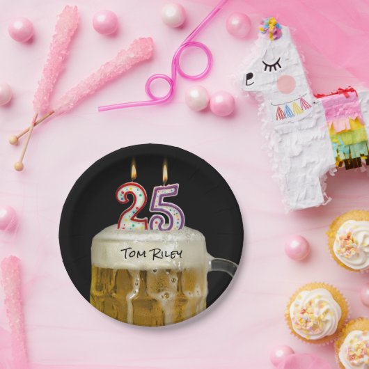 25e verjaardagsbier met kaarsen papieren bordje (Feest)