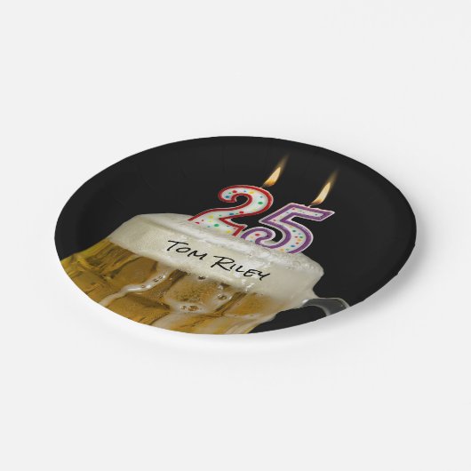 25e verjaardagsbier met kaarsen papieren bordje (Gekanteld)