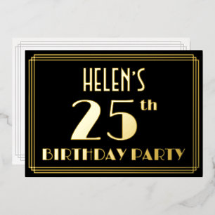 25e verjaardagsfeest: Art Deco-look “25”, met naam Folie Uitnodiging