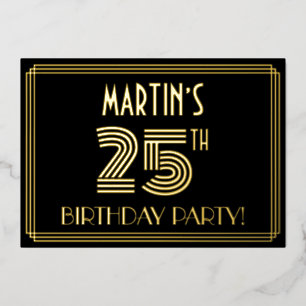 25e Verjaardagsfeest — Art Deco stijl “25” + Naam Folie Uitnodiging