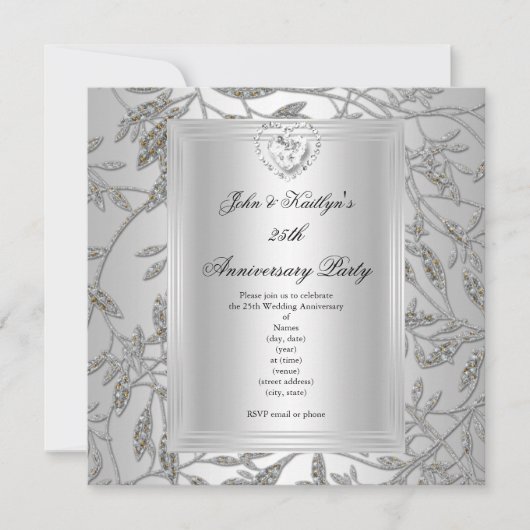 25e verjaardagsfeest Damast Zilver Grijs 2 Kaart (Voorkant)