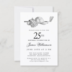 25e Verjaardagsfeest Elegant Zwart Wit Golf Kaart
